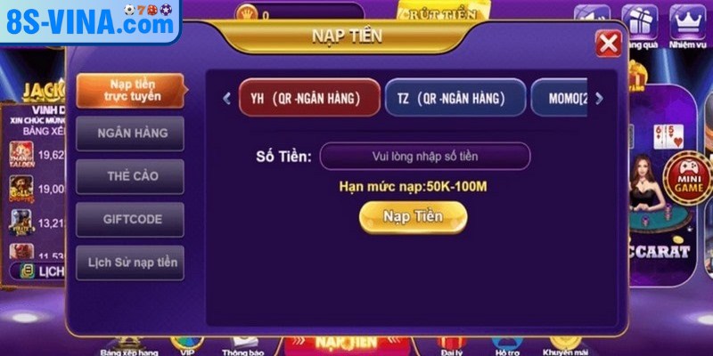 Phương thức nạp tiền 8S thông qua ngân hàng được nhiều người chơi áp dụng